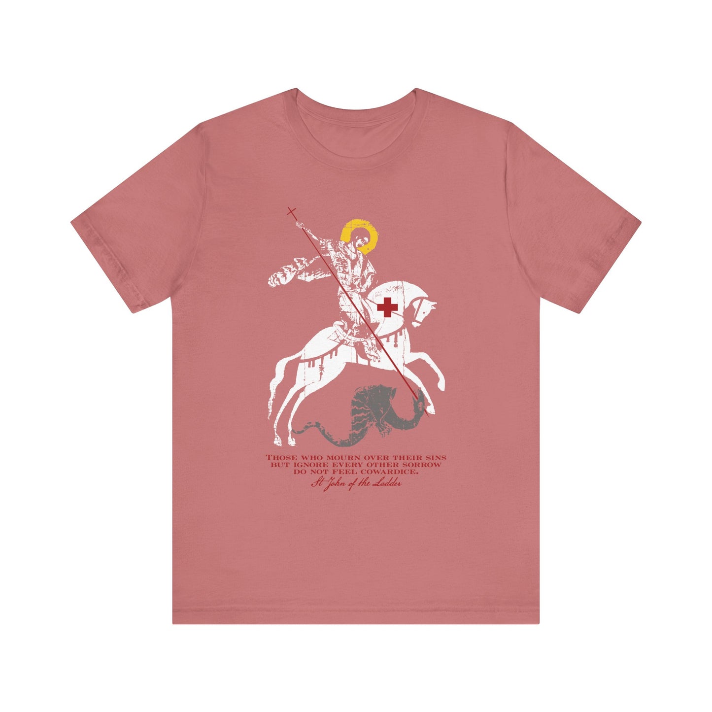 Mauve lightweight cotton unisex tee featuring a graphic of St George slaying the dragon in the style of St John Climacus, with stylized text below inspired by Orthodox Christian themes of mourning over one’s sins and soulful lamentation.