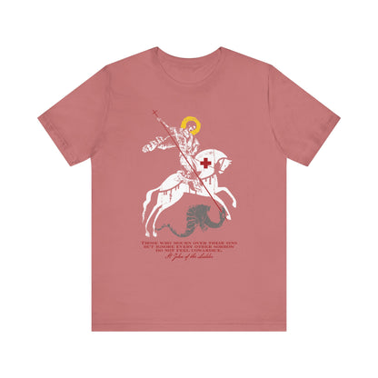Mauve lightweight cotton unisex tee featuring a graphic of St George slaying the dragon in the style of St John Climacus, with stylized text below inspired by Orthodox Christian themes of mourning over one’s sins and soulful lamentation.