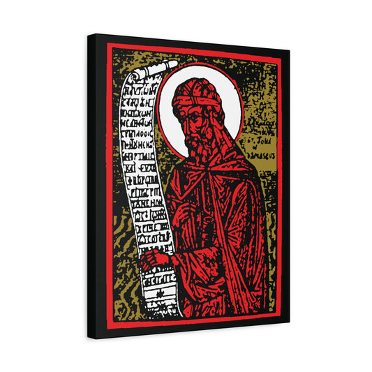 St. John of Damascus Icono-Graphic: Orthodox Christian saint in red, gold & black high-contrast design—depicts the composer of Stichera for the Dead, central to Orthodox funeral hymns. Canvas art for spiritual inspiration.