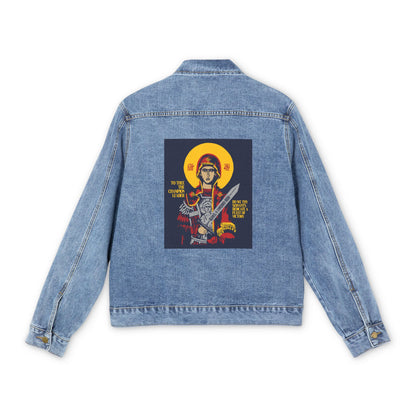 To Thee the Champion Leader | Mother of God | Theotokos with Sword IconoGraphic | Orthodox Christian Blue Denim Jacket