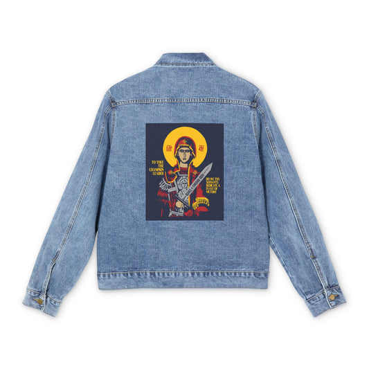To Thee the Champion Leader | Mother of God | Theotokos with Sword IconoGraphic | Orthodox Christian Blue Denim Jacket
