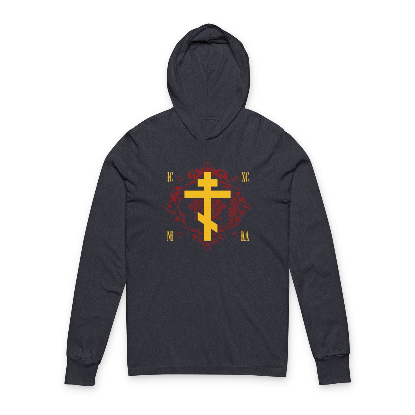 ICXC NIKA Yellow Russian Cross on Ornate Red Background Design | Jesus Christ Conquers | Orthodox Long Sleeve Hooded Shirt