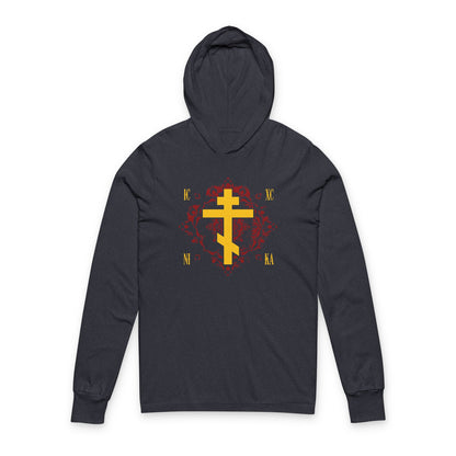 ICXC NIKA Yellow Russian Cross on Ornate Red Background Design | Jesus Christ Conquers | Orthodox Long Sleeve Hooded Shirt