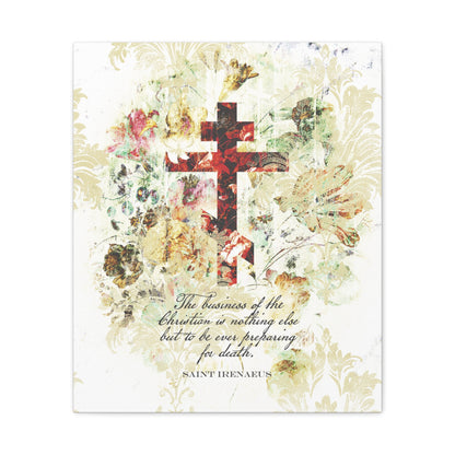 Preparing For Death | White & Beige Floral Scrapbook Texture Cross | Arts & Crafts Style | St Irenaeus | Orthodox Christian Canvas Art