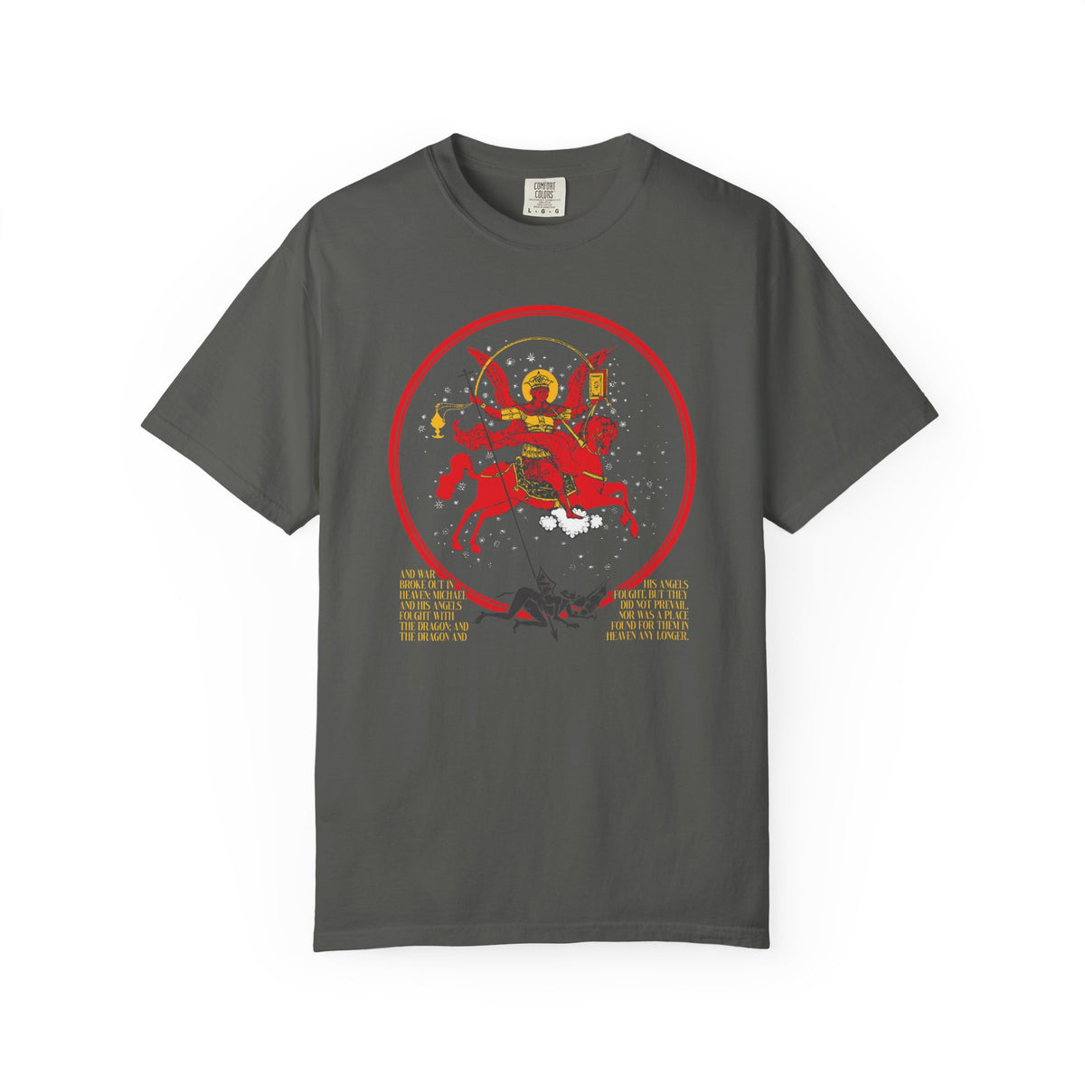 Pepper-colored heavyweight cotton unisex tee, featuring on the front a red-suited figure on horseback wielding a bow—Archangel Michael as depicted in Revelation 12 and inspired by the Miracle of Archangel Michael—encircled in red with yellow text below. Official product: “Archangel Michael of the Apocalypse Iconographic / Death is Swallowed Up In Victory” double-sided Orthodox t-shirt.