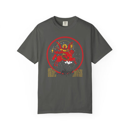 Pepper-colored heavyweight cotton unisex tee, featuring on the front a red-suited figure on horseback wielding a bow—Archangel Michael as depicted in Revelation 12 and inspired by the Miracle of Archangel Michael—encircled in red with yellow text below. Official product: “Archangel Michael of the Apocalypse Iconographic / Death is Swallowed Up In Victory” double-sided Orthodox t-shirt.