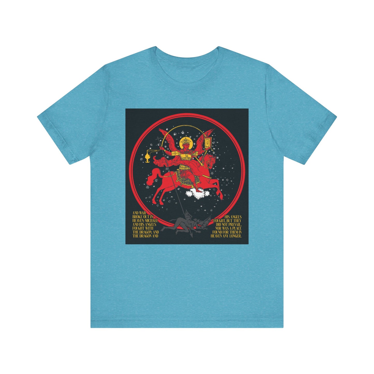 Heather aqua T-shirt featuring Archangel Michael of the Apocalypse iconography with gold and red accents, inspired by Revelation 12:7-9. Lightweight, double-sided unisex cotton tee: "Death is Swallowed Up In Victory" design.