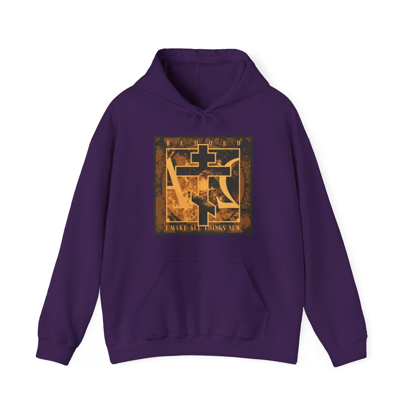Purple "Behold, I Make All Things New" (Rev 21:5) hoodie with a brown & orange Orthodox Cross and Alpha & Omega background, featuring an abstract gold graphic inspired by the promise of a new heaven and earth.