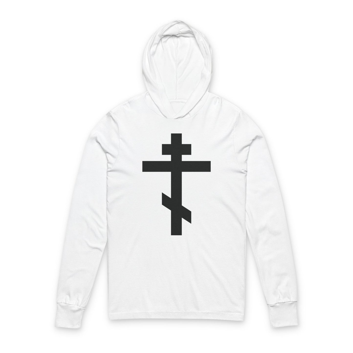 White cotton hooded shirt featuring a large black Orthodox cross on the front, inscribed with "May I never boast, except in the cross of our Lord Jesus Christ" (Gal 6:14).
