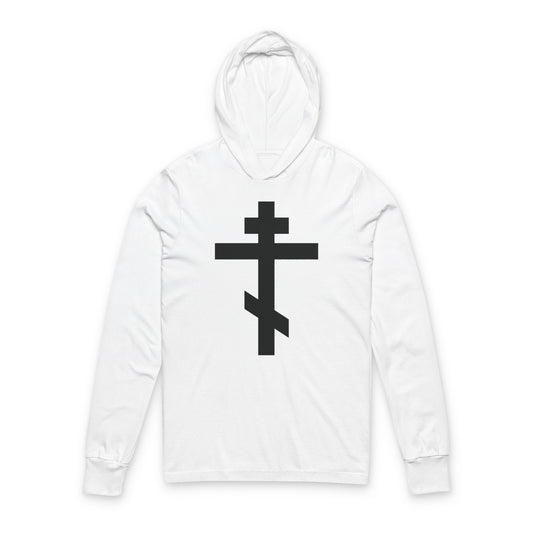 White cotton hooded shirt featuring a large black Orthodox cross on the front, inscribed with "May I never boast, except in the cross of our Lord Jesus Christ" (Gal 6:14).