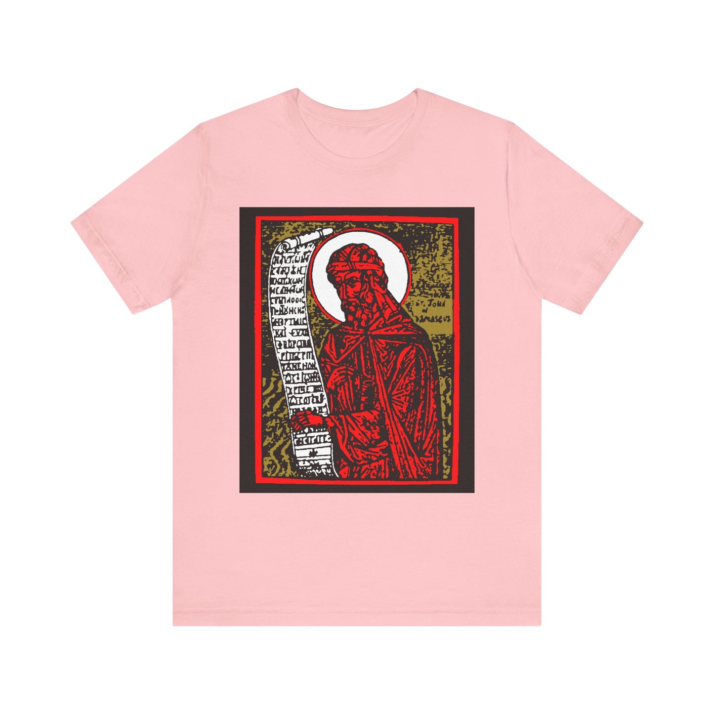 St. John of Damascus Icono-Graphic | Orthodox Christian Saint | Red Gold & Black High Contrast Design | Lightweight Cotton Unisex Tee