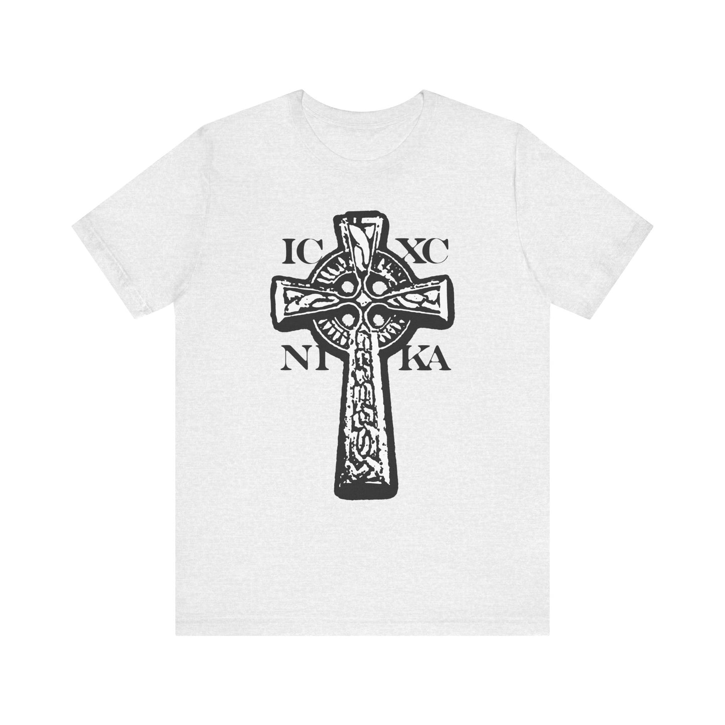 Ash t-shirt featuring a black Celtic knotwork cross with Greek letters IC XC NIKA, symbolizing Jesus Christ conquers and the triumph of the Cross, in a striking black and white design on a red background.