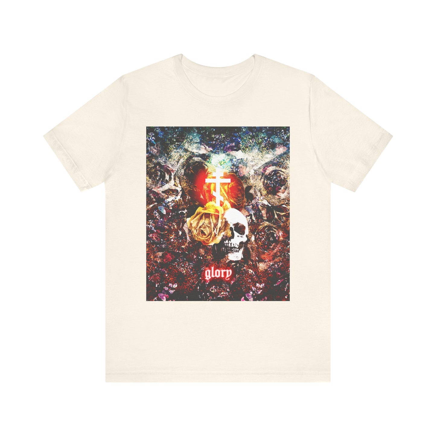 Natural tee featuring a striking skull and floral glowing cross graphic on a colorful background, with "glorp" below—the design is inspired by Orthodox Christian themes such as Judas Iscariot and the Last Supper. Product: Now the Son of Man is Glorified (John 13:31) | Skull and Floral Glowing Cross Design | Lightweight Cotton Unisex Shirt.