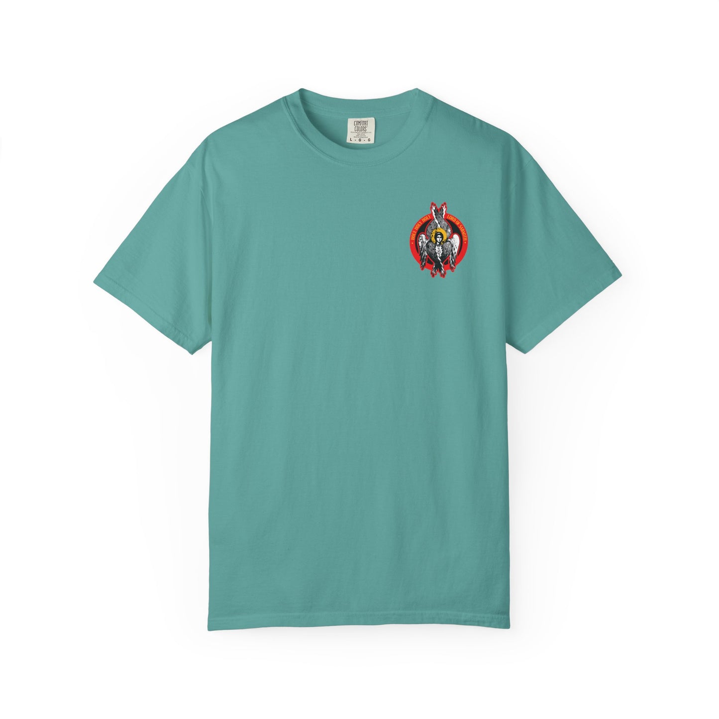 The Holy Holy Holy Seraphim Angel Icono-Graphic Tee in seafoam features a small red and black design on the left chest, inspired by St John of Kronstadt’s vision of spiritual purity and angelic imitation.