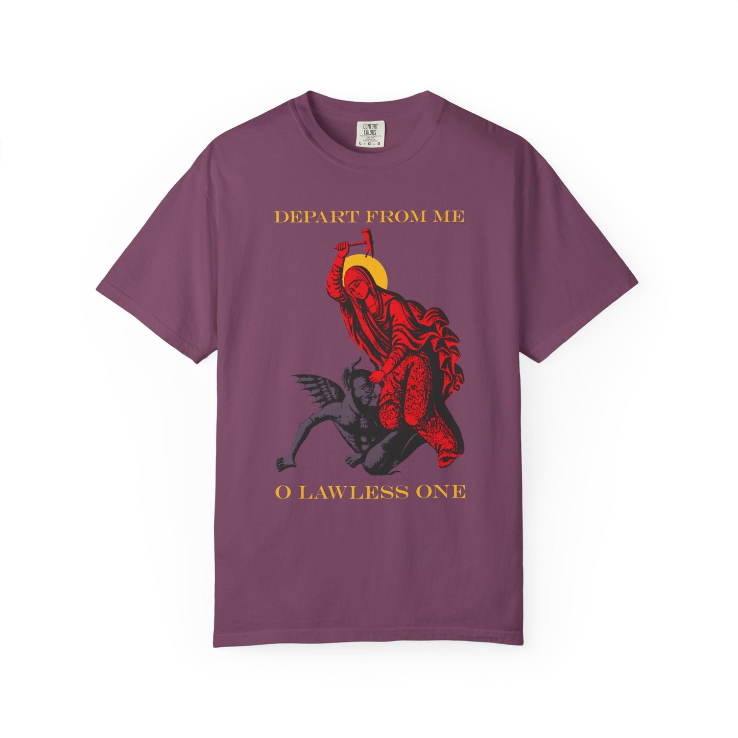Berry t-shirt, “St Marina IconoGraphic,” shows a saint defeating the devil with a hammer, inspired by the Life of St. Marina, featuring “DEPART FROM ME O LAWLESS ONE” text. Heavyweight cotton unisex fit.