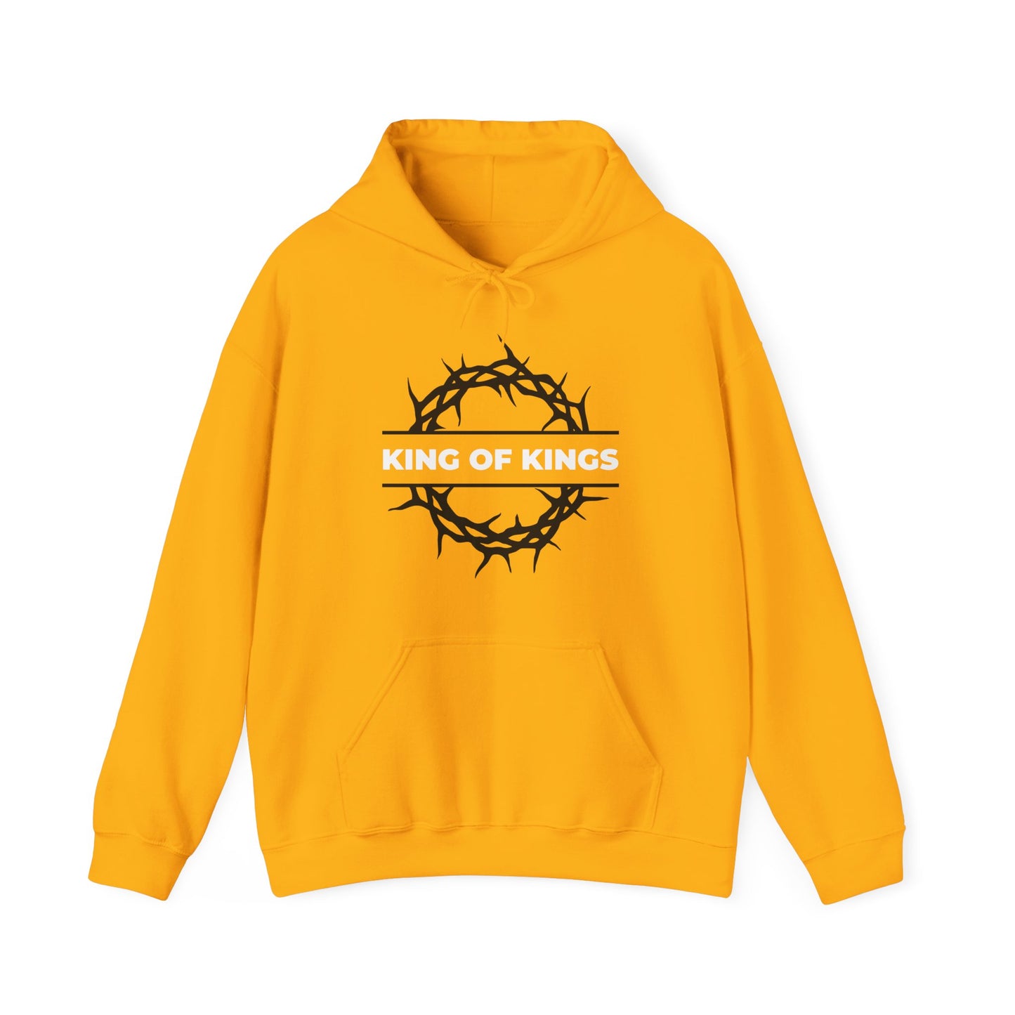 Gold "King of Kings Crown of Thorns" hoodie featuring a black crown of thorns and KING OF KINGS text, inspired by Revelation 19:16. Orthodox Christian apparel declaring Christ is King, The King of Glory.