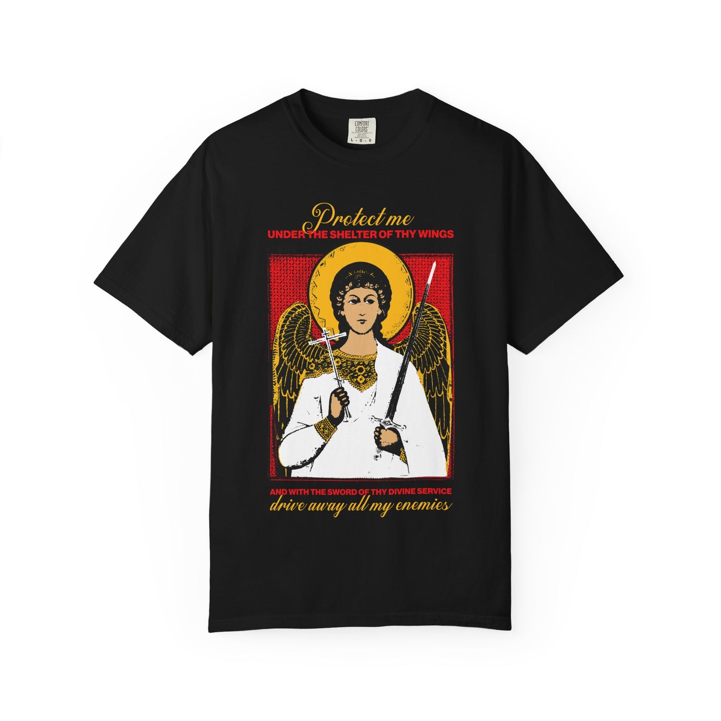 Holy Guardian Angel Holding Sword & Cross Icono-Graphic | Protection Prayer | Drive Away My Enemies | Heavyweight Cotton Unisex T-Shirt