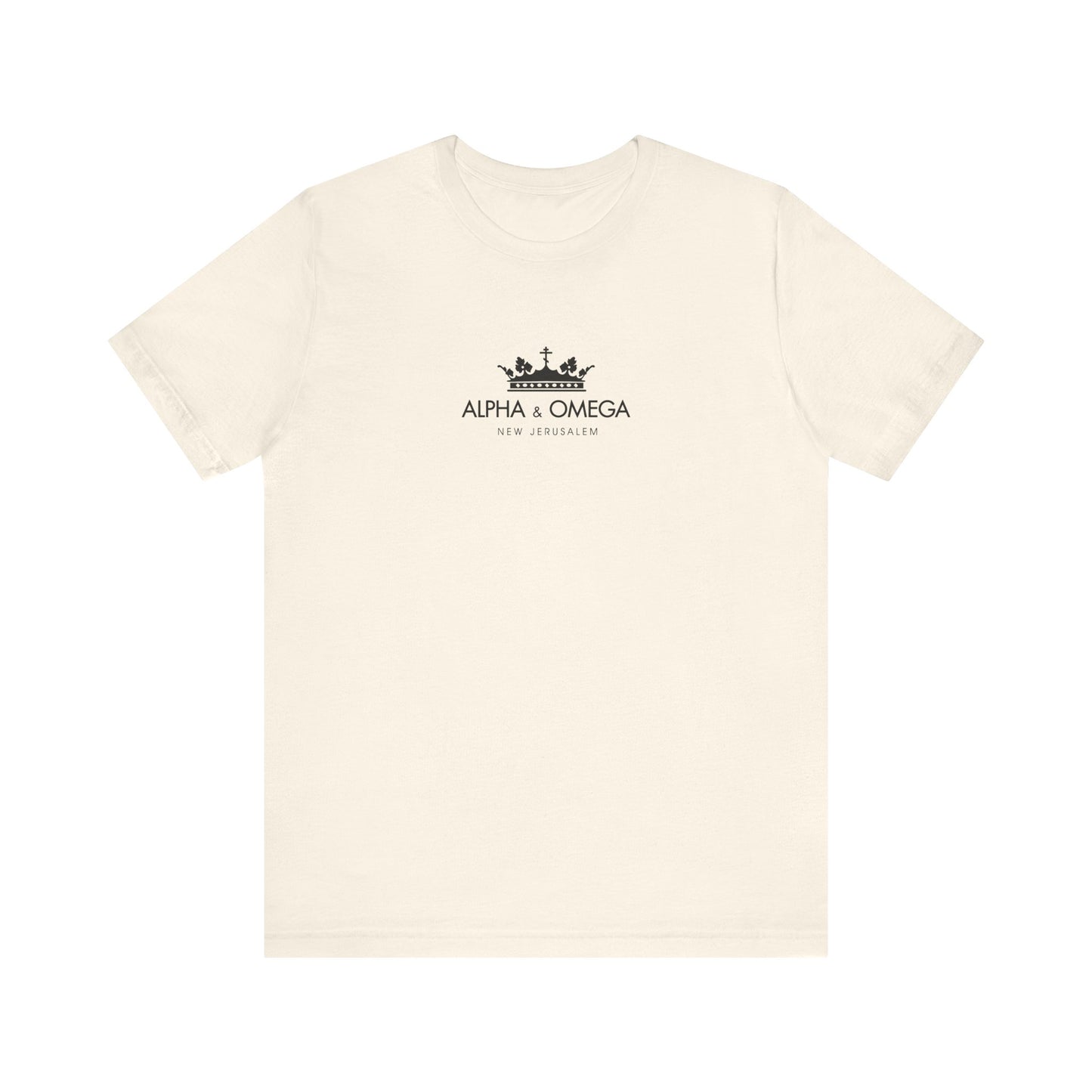 Natural lightweight cotton unisex t-shirt featuring a black crown with Orthodox cross and "ALPHA & OMEGA NEW JERUSALEM" text, inspired by Revelation and the Second Coming.