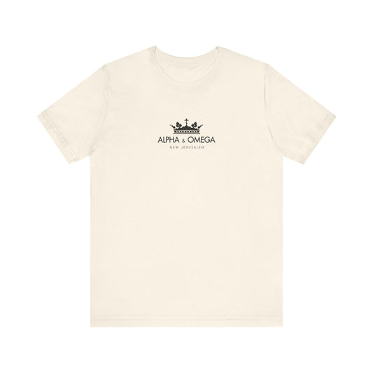 Natural lightweight cotton unisex t-shirt featuring a black crown with Orthodox cross and "ALPHA & OMEGA NEW JERUSALEM" text, inspired by Revelation and the Second Coming.