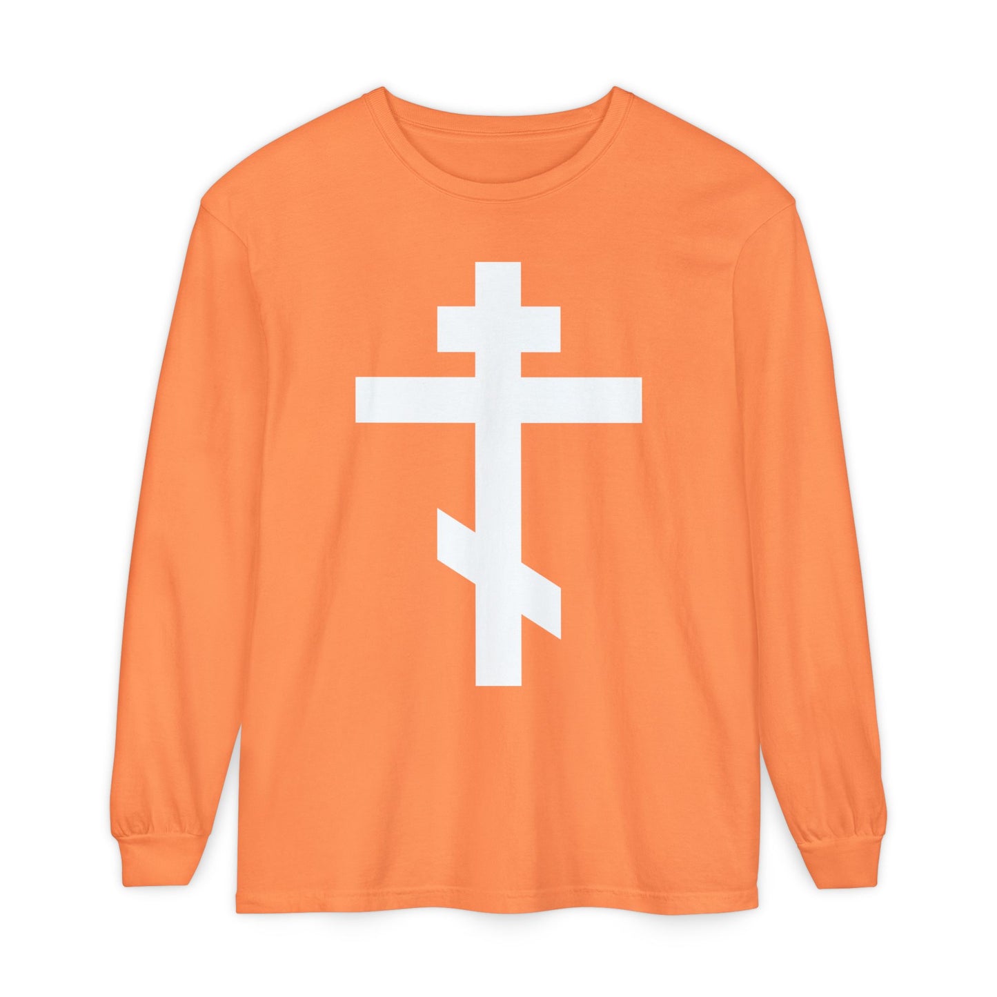 Orange long-sleeve shirt featuring a large white Orthodox Cross and the message: "May I never boast, except in the cross of our Lord Jesus Christ" (Gal 6:14). Inspired by St. John of Kronstadt.