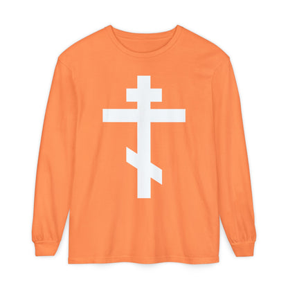 Orange long-sleeve shirt featuring a large white Orthodox Cross and the message: "May I never boast, except in the cross of our Lord Jesus Christ" (Gal 6:14). Inspired by St. John of Kronstadt.