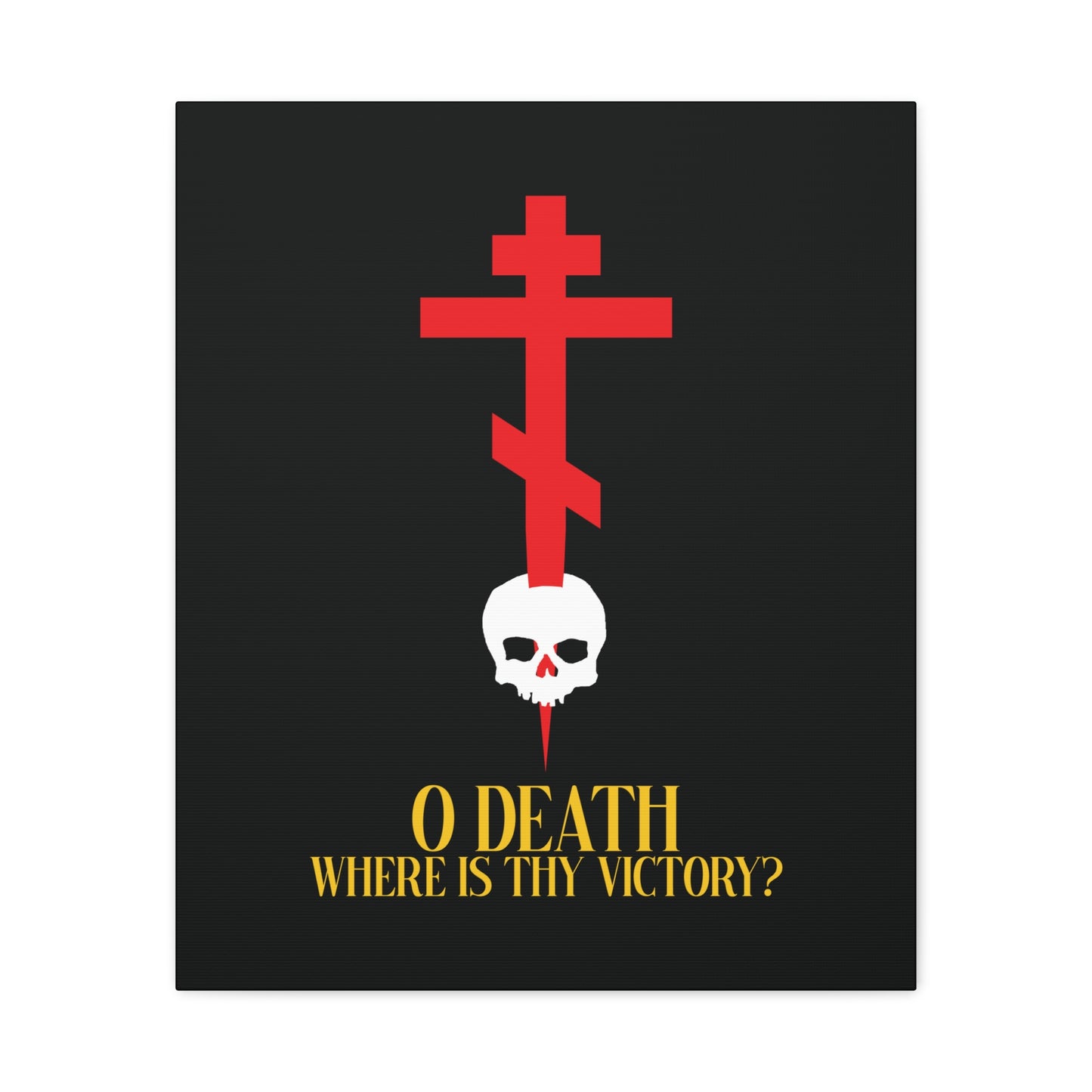 O Death Where is Thy Victory? (1 Corinthians 15:55) | Cross Stabbing Skull | Yellow Text | Orthodox Christian Canvas Art