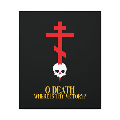 O Death Where is Thy Victory? (1 Corinthians 15:55) | Cross Stabbing Skull | Yellow Text | Orthodox Christian Canvas Art