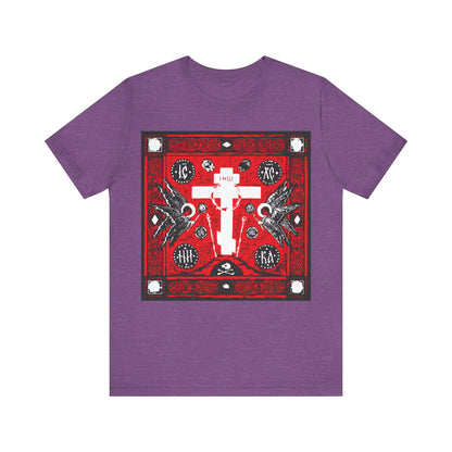 Adoration of Holy Cross IconoGraphic | Striking Red, White, & Black Russian Cross Design w/ Angels  | Orthodox Christian T-Shirt