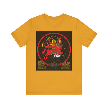 Mustard Archangel Michael of the Apocalypse Iconographic / Death is Swallowed Up In Victory DOUBLE-SIDED unisex t-shirt with graphic of Michael as a red horse and armored rider, stars, and Revelation 12:7-9 inspired text.
