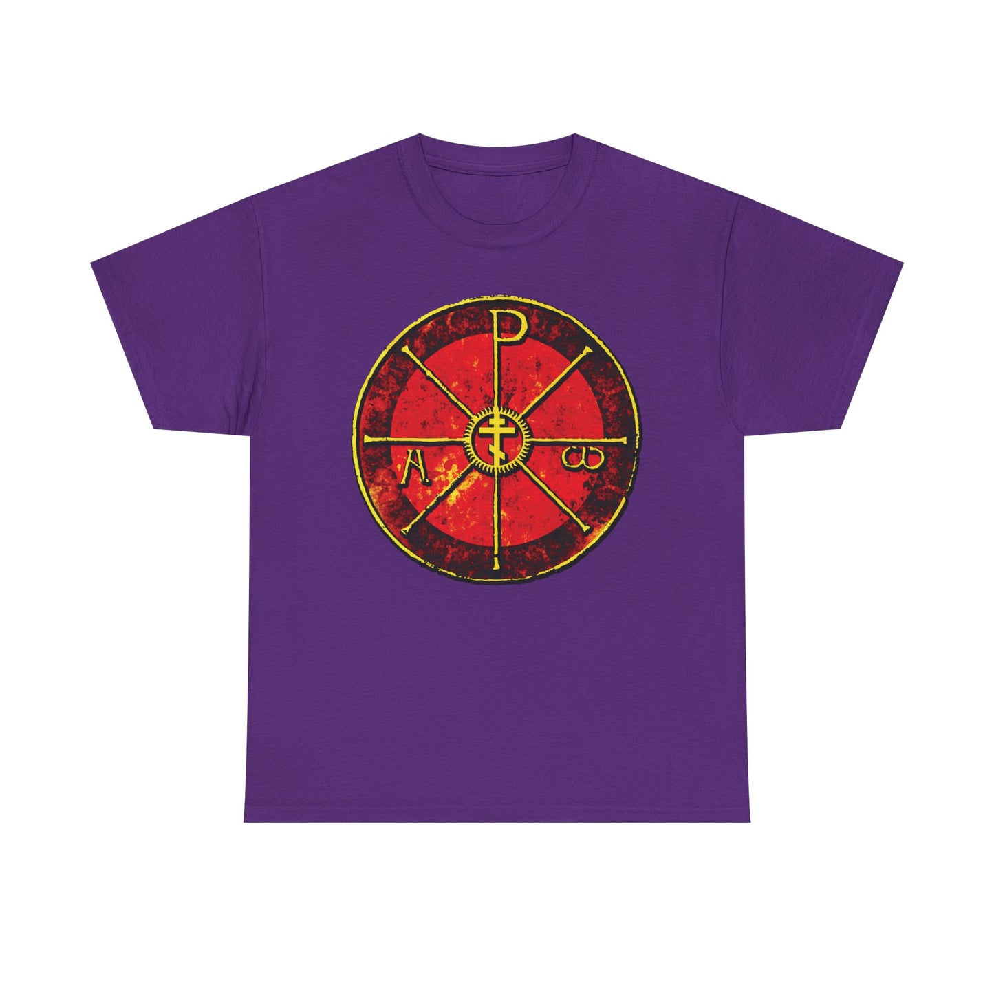 Purple Alpha & Omega Chi Rho Orthodox Cross T-shirt featuring an ancient Christogram design with Greek letters P, A, and Ω on the front. Midweight cotton, inspired by "In This Sign Ye Shall Conquer.