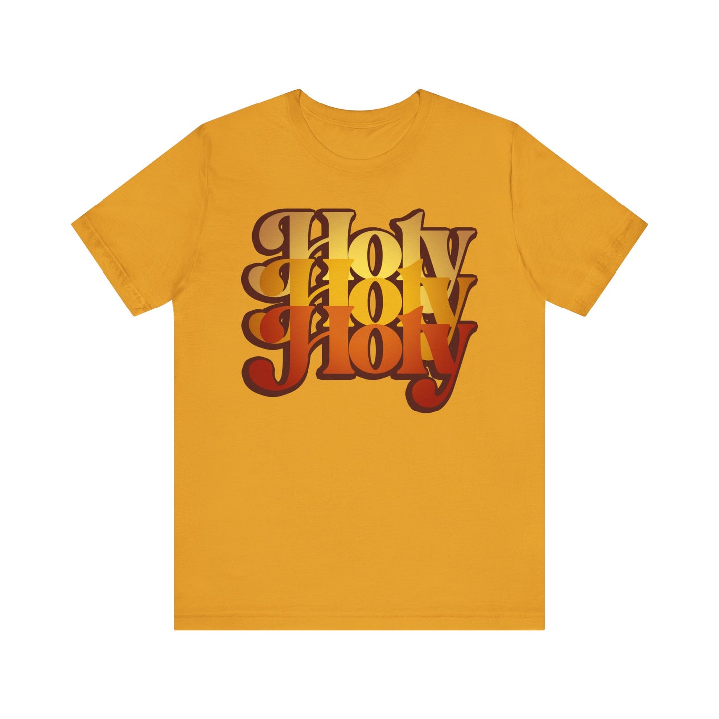Mustard Holy Holy Holy Trisagion Liturgical Prayer tee features bold, retro 70s-style layered red and yellow text inspired by Isaiah 6, with a lightweight cotton unisex fit.