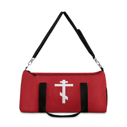 White Orthodox Cross Red Background | Today the Cross of the Lord cometh forth | Orthodox Christian Gym Duffel Bag