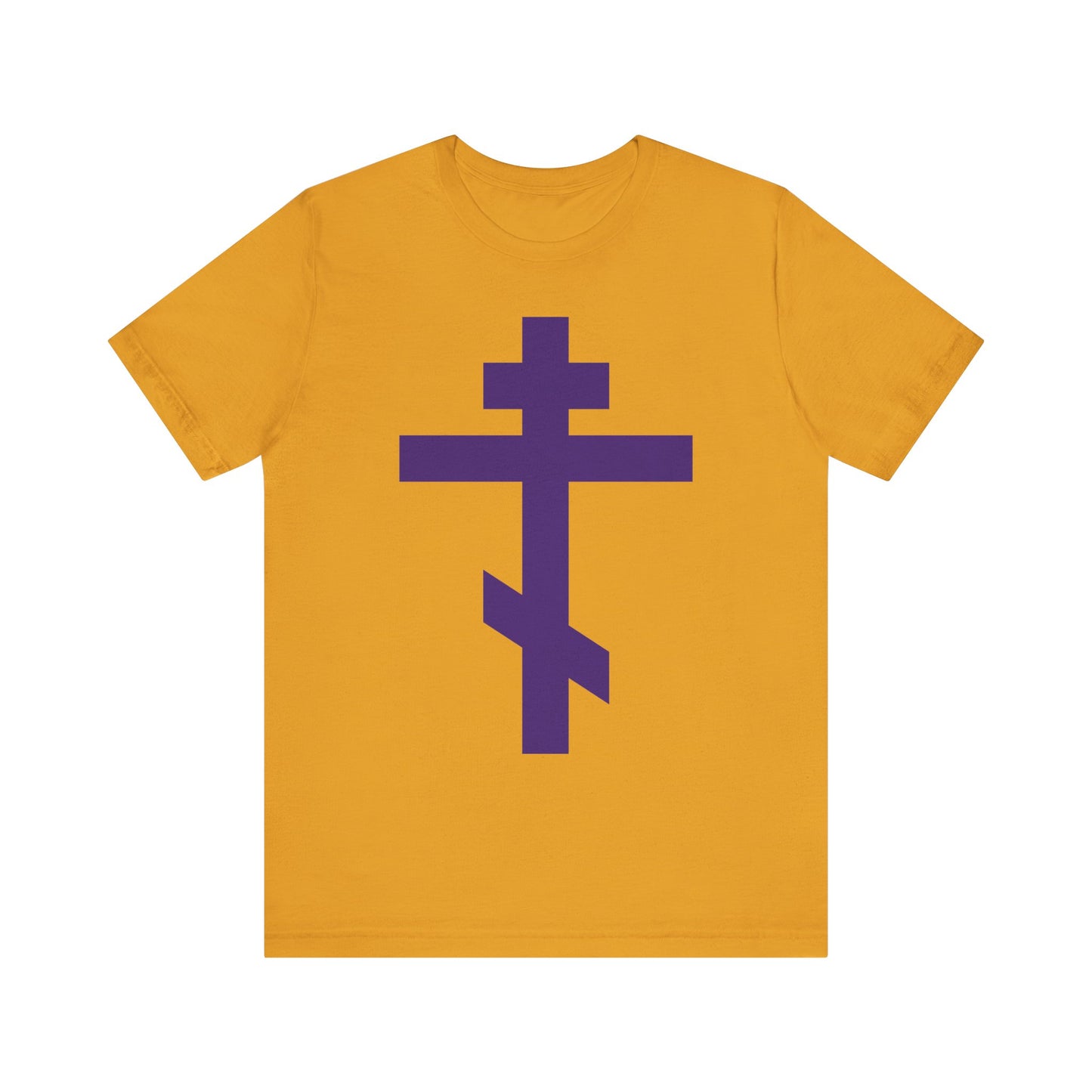Mustard T-shirt featuring a large purple Orthodox Tribar Cross on the front, inspired by the enduring faith and devotion of St. John of Kronstadt—an emblem of the Saviour’s love. "Preserve Thy People By Thy Cross, O Lord" and "Christ is King" are beautifully represented on this lightweight cotton unisex tee.
