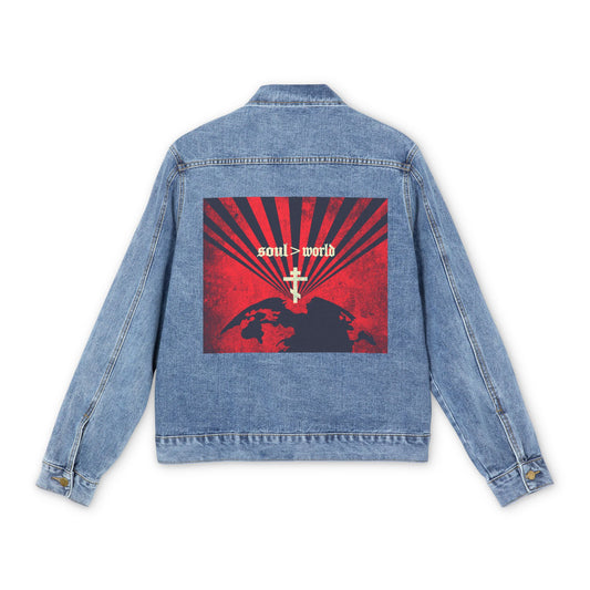 What Shall it Profit a Man | Matthew 16:26 | Soul Is Greater Than World | Red Earth White Cross | Orthodox Christian Blue Denim Jacket