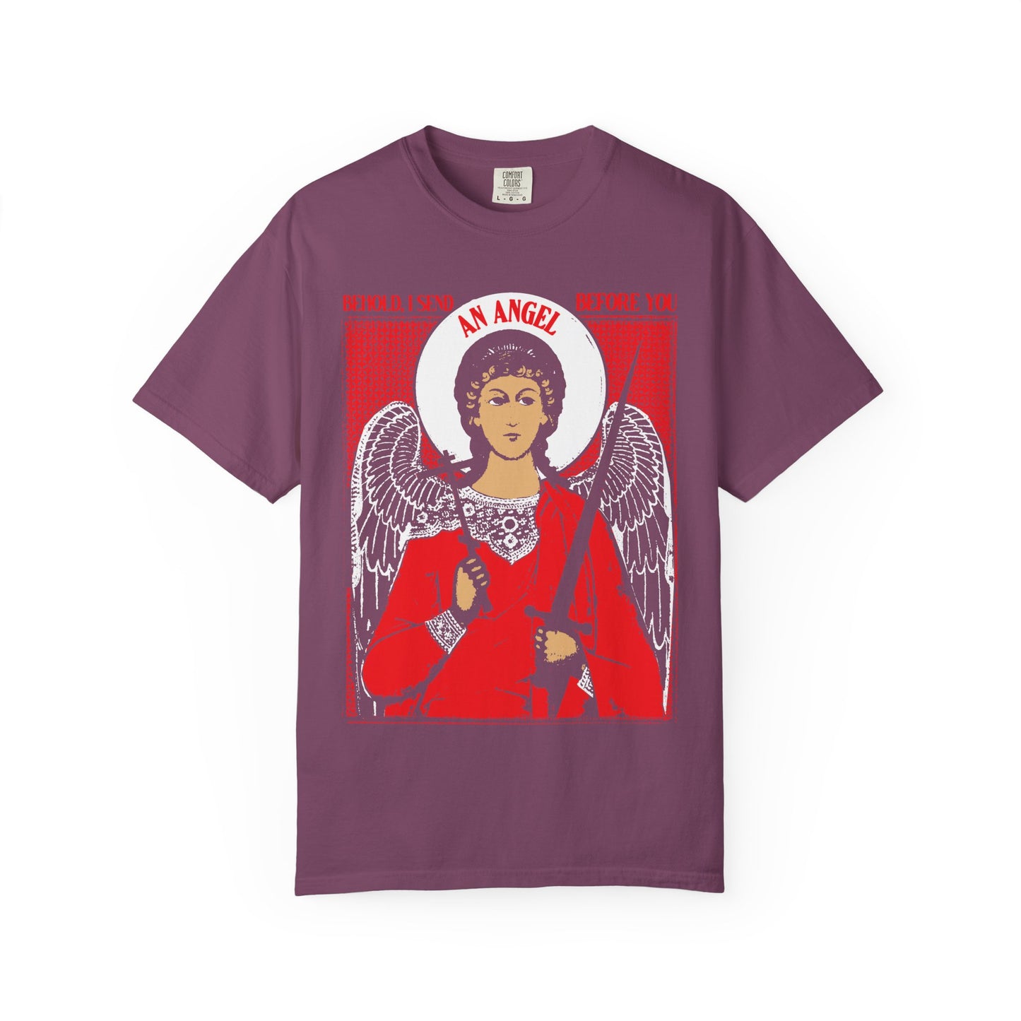Berry t-shirt featuring a stylized guardian angel with a cross and sword, inspired by Exodus 23:20 and the “Behold I Send an Angel Before You” design—a distinctive Orthodox heavyweight cotton unisex tee that makes a memorable Christian gift for anyone who cherishes the protective strength of their guardian angel.