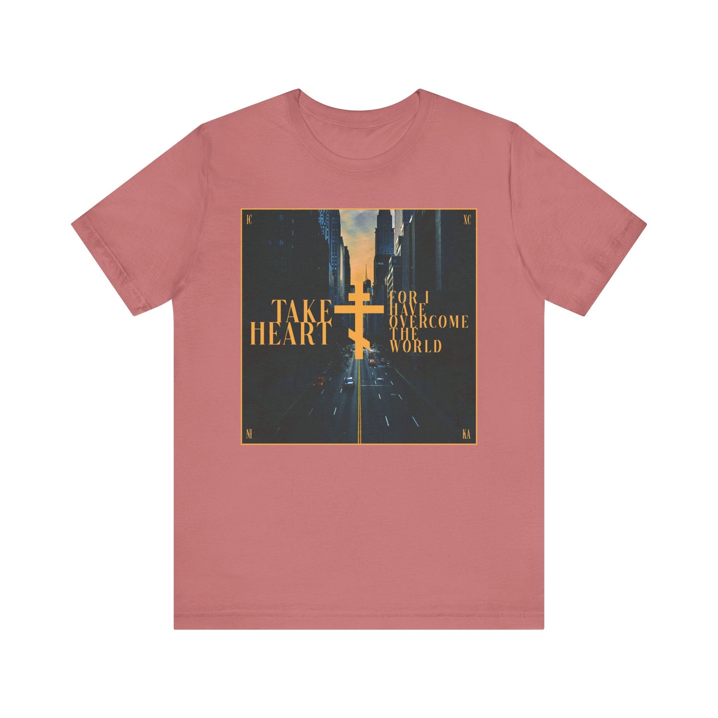 Take Heart, For I Have Overcome the World (John 16:33) | Redemptive Modern City Street Scene Design | Lightweight Cotton Unisex Tee