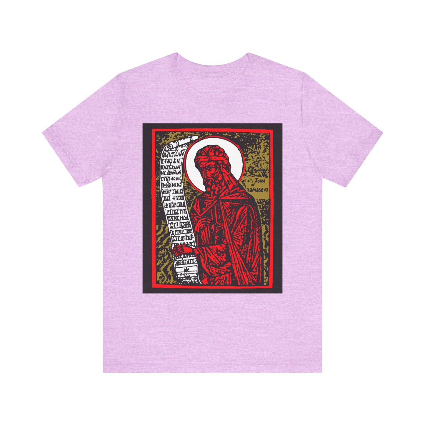 St. John of Damascus Icono-Graphic | Orthodox Christian Saint | Red Gold & Black High Contrast Design | Lightweight Cotton Unisex Tee