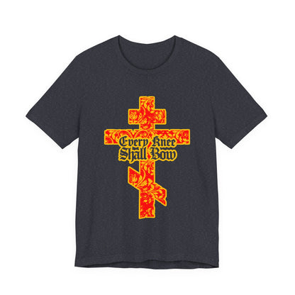 Black unisex tee featuring a gold and red floral Orthodox cross with Gothic lettering and "Every Knee Shall Bow," inspired by Isaiah 45:22-24 & Philippians 2:7-11.