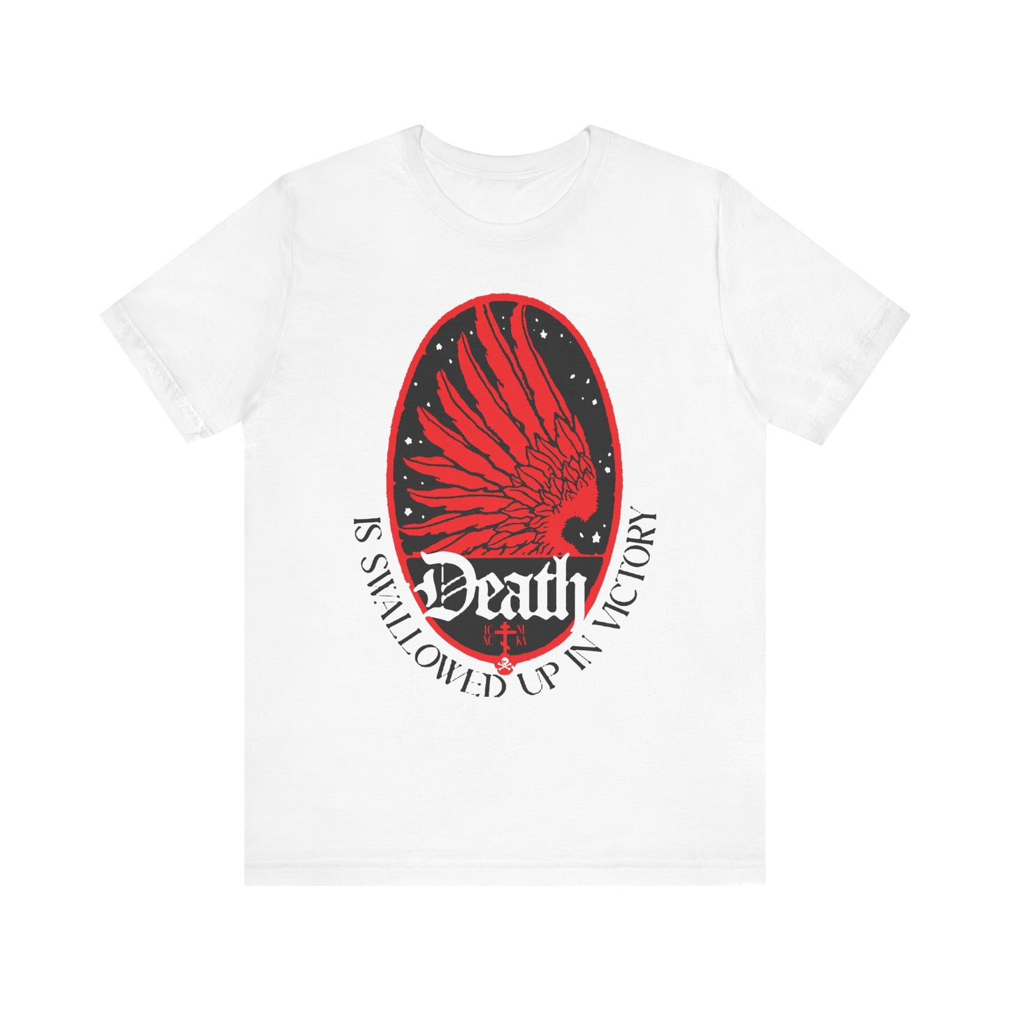 White Lightweight Cotton Unisex Tee featuring Art Nouveau eagle wings, black stars, and "Death is Swallowed Up In Victory" (1 Cor 15:54) design. Orthodox Christian symbol of immortality and freedom from the fear of death.