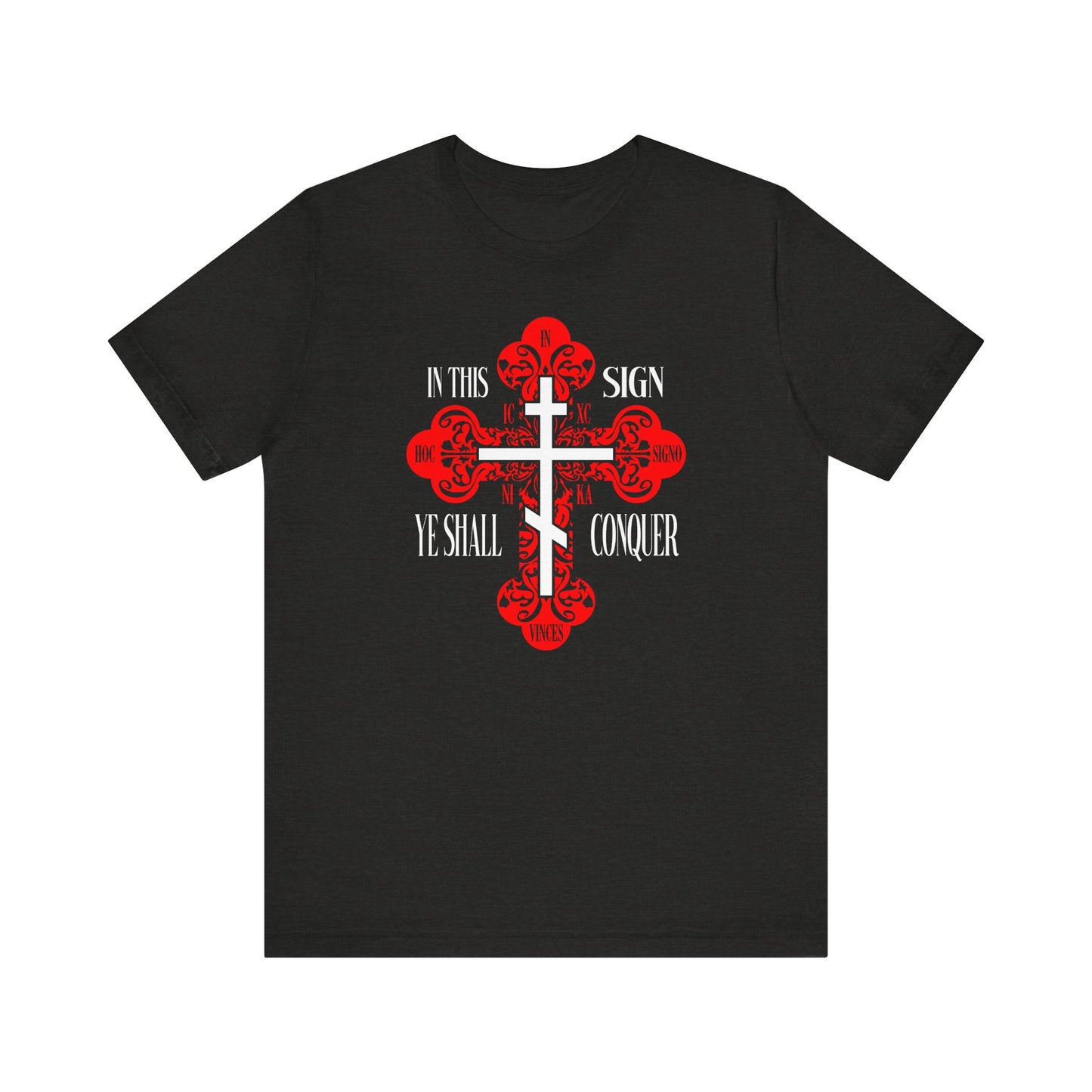 Black Heather unisex tee featuring an ornate Orthodox cross with "In This Sign Ye Shall Conquer," "ICXC NIKA," and "Jesus Christ Conquers"—a bold symbol of Christian faith and victory.
