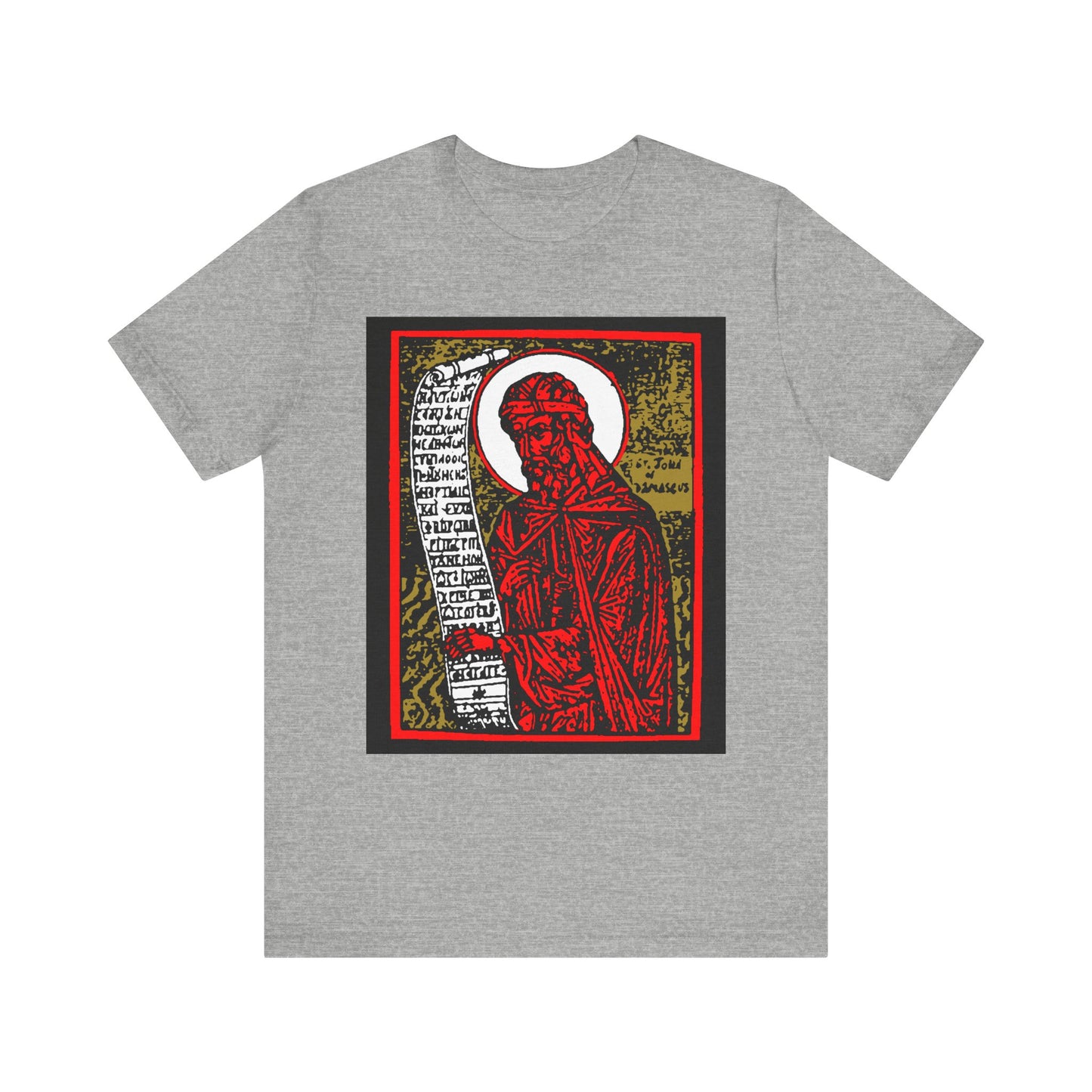 St. John of Damascus Icono-Graphic | Orthodox Christian Saint | Red Gold & Black High Contrast Design | Lightweight Cotton Unisex Tee