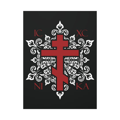 ICXC / NIKA Red Orthodox Cross on Ornate White Medieval Floral Design | Exclusive Best-Selling | Orthodox Christian Canvas Art