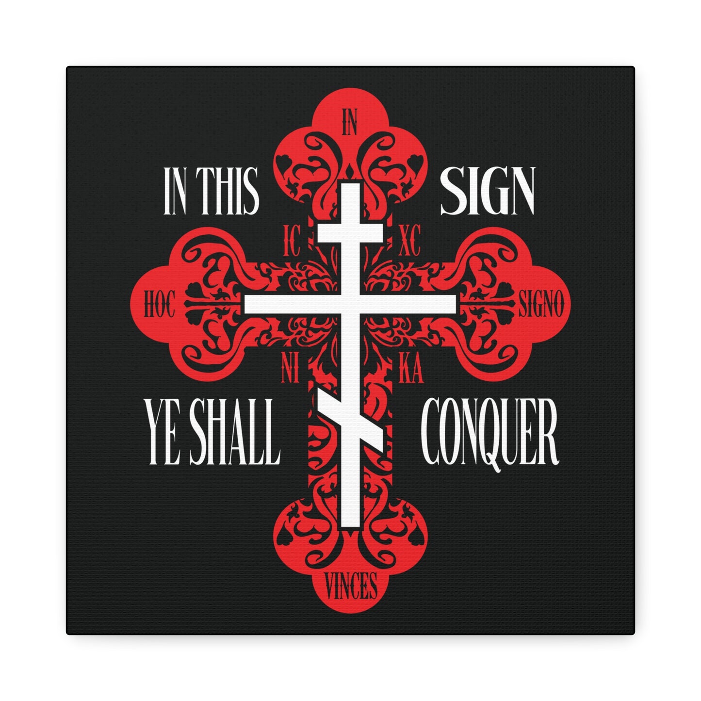 A red ornate Orthodox cross wall art featuring the phrase "In This Sign Ye Shall Conquer (ICXC NIKA)," inspired by Christian symbolism and spiritual victory, available as "Jesus Christ Conquers" decor.