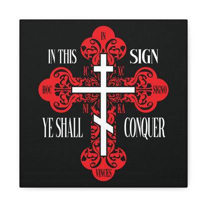 A red ornate Orthodox cross wall art featuring the phrase "In This Sign Ye Shall Conquer (ICXC NIKA)," inspired by Christian symbolism and spiritual victory, available as "Jesus Christ Conquers" decor.