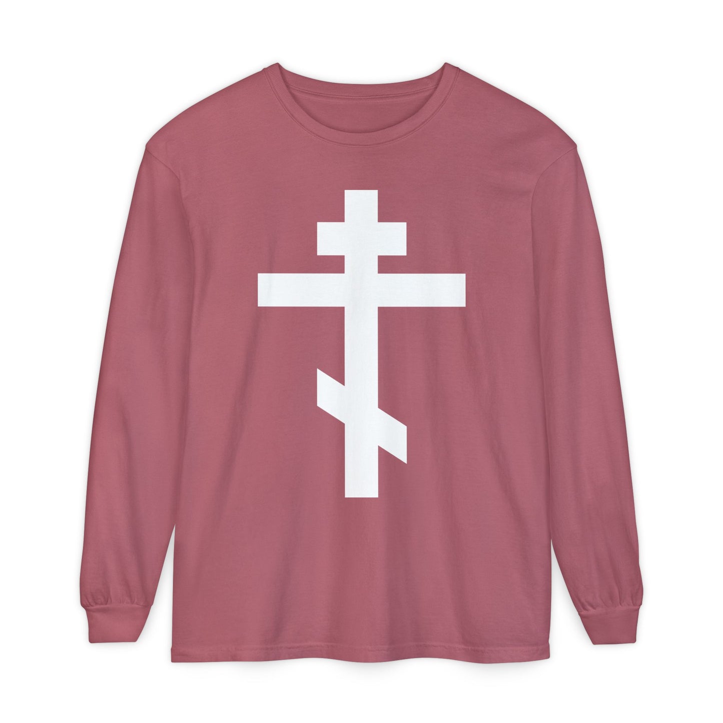 Mauve long-sleeve shirt with a large white Orthodox Cross on the front and the quote "May I never boast, except in the cross of our Lord Jesus Christ" (Gal 6:14), inspired by St. John of Kronstadt.
