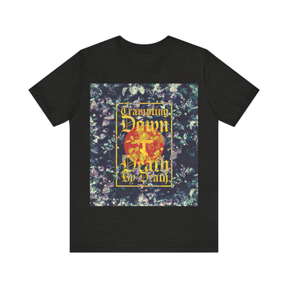 Trampling Down Death By Death | Paschal Floral Design with Gothic Script and Three-Bar Cross | Orthodox Christian T-Shirt