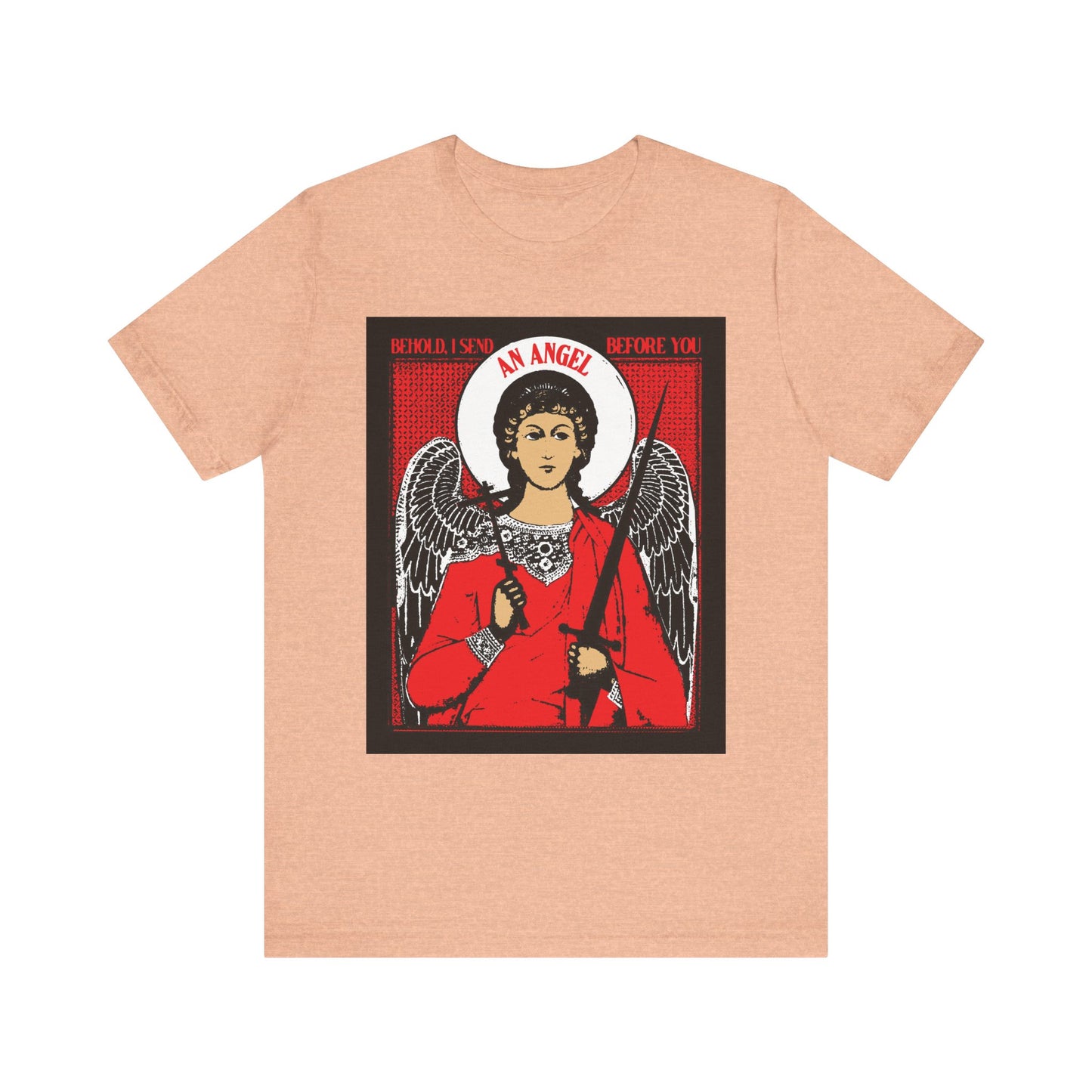 Heather Peach unisex tee featuring a guardian angel with cross and sword graphic. Inspired by Exodus 23:20, with “BEHOLD, I SEND AN ANGEL BEFORE YOU.” Orthodox lightweight cotton design.
