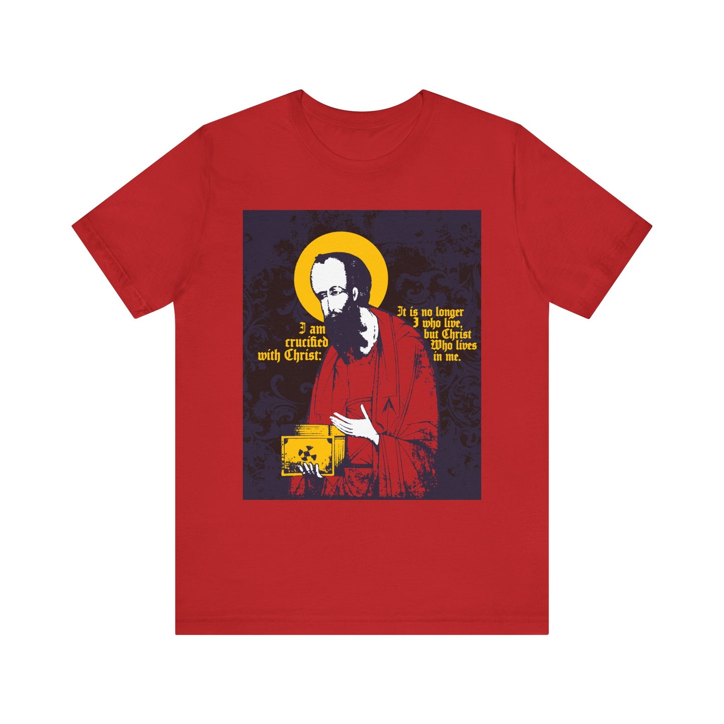 Red "St Paul Holding Gospel Iconographic | I am crucified with Christ (Galatians 2:20)" Orthodox Christian lightweight cotton unisex tee, featuring a stylized saint image and the text: I am crucified with Christ; faith in the Son of God gives me new life in Christ.