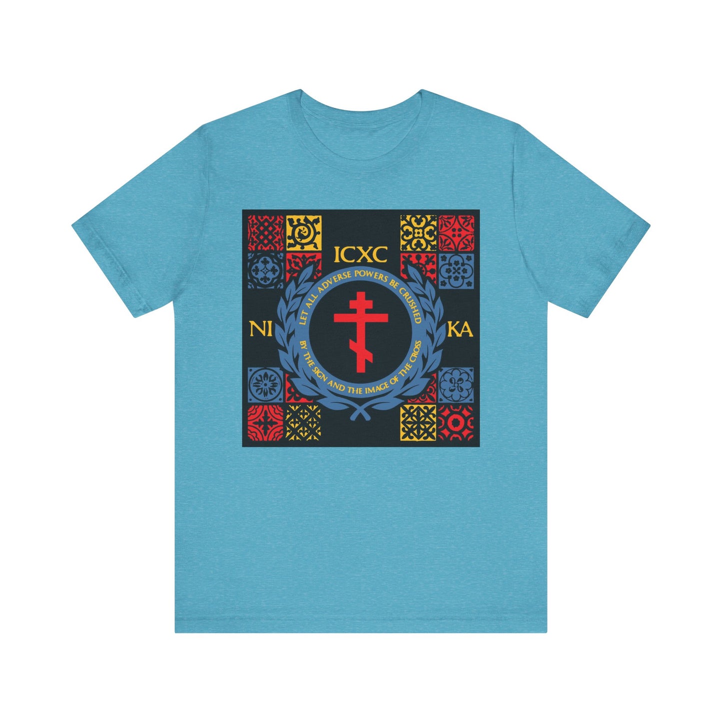 Heather Aqua t-shirt featuring a red, yellow & blue medieval tile design inspired by the Katavasia of the Cross and Moses parting the Red Sea. Lightweight cotton unisex fit. "Let All Adverse Powers Be Crushed" | ICXC NIKA emblem.