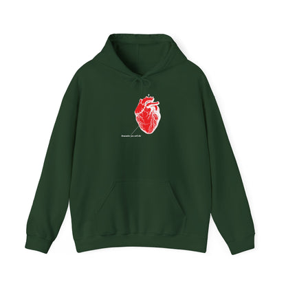 Forest green hoodie named Remember You Will Die with a retro medical textbook heart design and inverted shadows. Features red anatomical heart graphic and Anatomy of...my soul print. Ideal for fans of unique athletic streetwear with an Orthodox Christian twist.